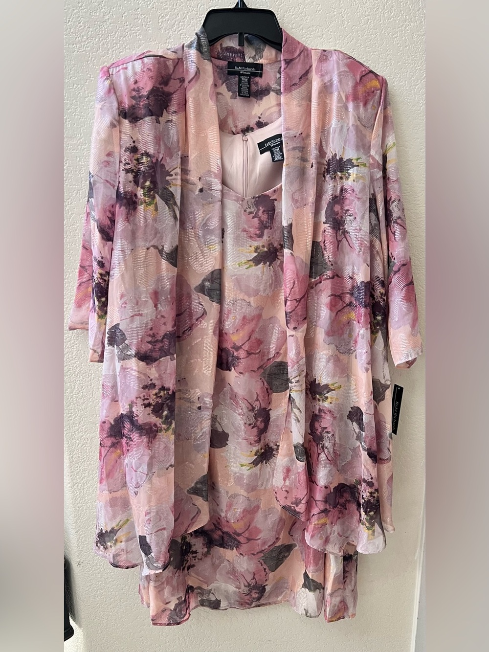 R&M Richards Pink Floral Mesh Jacket and Dress Set with Purple Accents 20W